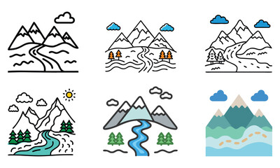 Mountain Landscape Icon Set with Rivers and Clouds, A collection of six mountain landscape icons featuring rivers, clouds, trees, and sun in colorful and outline styles, perfect for nature and outdoor