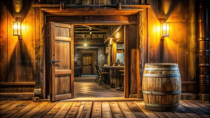 Long exposure captures a swinging saloon door, blank sign, barrel, and classic Western backdrop.