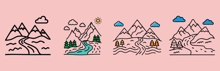 Mountain Landscape Icon Set with Rivers, A collection of four mountain landscape icons featuring rivers, trees, clouds, and sun in colorful outline styles, perfect for outdoor and nature-themed design