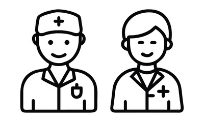 Doctor and Nurse Outline Icon Set, Two black-and-white outline icons featuring a doctor and a nurse with medical attire, ideal for healthcare, hospital, and medical-themed designs.  
