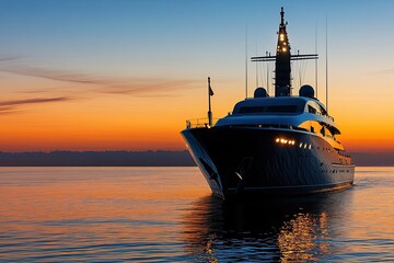 Luxurious yacht anchored at sunset on calm waters.