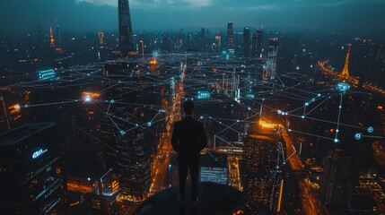 Obraz premium Smart digital city with connection cyber security network reciprocity over the cityscape . future smart wireless digital city and social media networking systems that connects people within the city