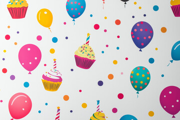 A birthday-themed pattern with balloons, cupcakes, and confetti, white background