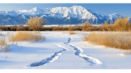A snowy landscape with mountain backdrop and animal tracks leading through the snow.