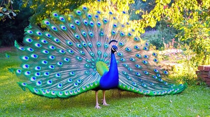 Obraz premium A vibrant peacock displaying its colorful feathers in a lush garden setting.