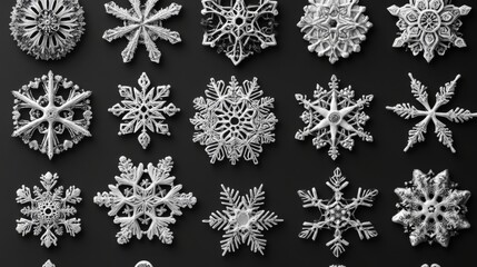 Collection of unique snowflakes on dark background.