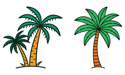 Vibrant Tropical Palm Tree Icons, Two colorful palm tree icons with lush green fronds and orange trunks, ideal for beach, tropical, and summer-themed creative projects.  
