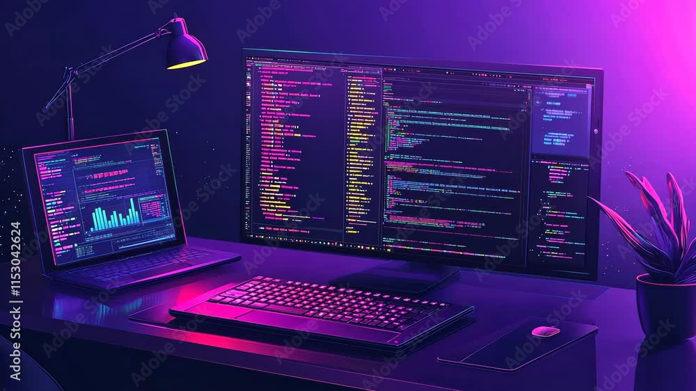 Poster futuristic workspace with code on dual monitors and vibrant lighting