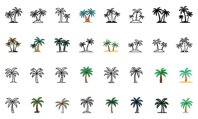 Diverse Palm Tree Icon Collection, A collection of 36 palm tree icons in various styles, including black-and-white, colorful, and shaded designs, perfect for tropical and travel themes.  
