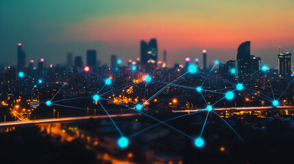 Fototapeta premium Smart digital city with connection cyber security network reciprocity over the cityscape . future smart wireless digital city and social media networking systems that connects people within the city