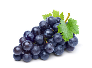 Black grape cluster with leaves  isolated on white background. Clipping path.
