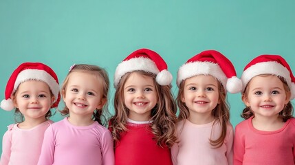 Cheerful Santa costume girls in pastel cartoon style on colorful holiday background