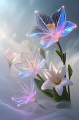 Fototapeta premium A beautiful spectrum of Alstroemerias flowers with delicate, translucent petals illuminated by soft light. Created with generative AI