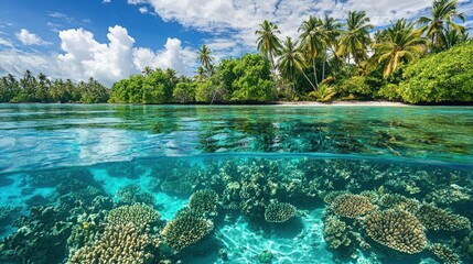 Tropical Island Paradise Showing Lush Vegetation and Vibrant Coral Reef