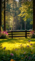 Fototapeta premium A serene forest scene with a wooden fence, vibrant flowers, and dappled sunlight.