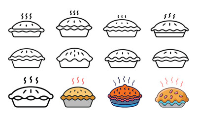 Hot Pie Icon Collection: Outline and Color, A collection of 12 pie icons, featuring black-and-white outlines and colorful designs with steam, perfect for bakery and food-themed projects.  
