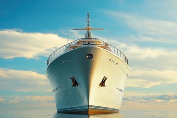 Luxurious yacht sailing on calm waters under a blue sky.