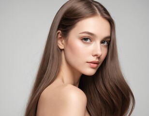 Portrait of a beautiful young woman with clean, fresh skin and long, thick hair. ai generator