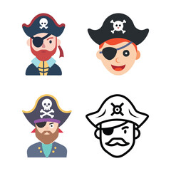 Pirate Character Icon Set, A set of four pirate icons featuring colorful and outline styles, complete with eyepatches, hats, and skull symbols, ideal for adventure themes.
