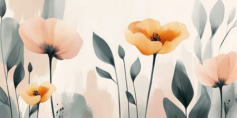 Soft pastel floral artwork featuring peach and orange poppies with grey-green leaves on a cream background.