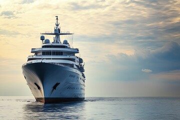Naklejka premium Luxury cruise ship sailing on calm waters at sunset.