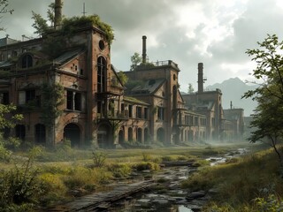 Fototapeta premium Nature reclaims a derelict factory row, a stunning AI image.