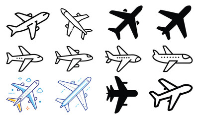 Airplane Icon Collection: Outline and Solid Styles, A set of 12 airplane icons in outline, solid, and decorative styles, ideal for travel, aviation, transportation, and logistics design projects.  © PixelArtBox