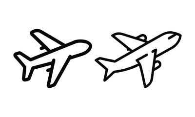 Airplane Outline Icon Set, Two black-and-white outline airplane icons, ideal for travel, aviation, transportation, and logistics-themed graphic design projects.
