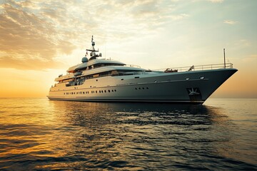 Luxury yacht anchored during a sunset at sea.