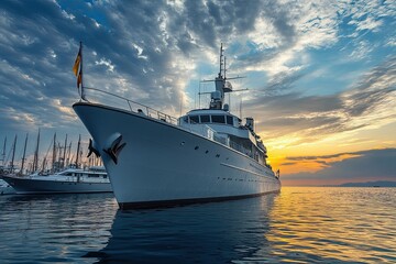 Obraz premium Luxury yacht anchored at sunset, reflecting on water.