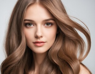 Naklejka premium Portrait of a beautiful young woman with clean, fresh skin and long, thick hair. ai generator