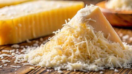 Close-up of Grated Pecorino Romano Cheese Texture, Gourmet Italian Food Ingredient