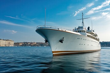 Luxury yacht anchored in calm waters under a blue sky.