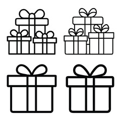Gift Box Outline Icon Set, A set of black-and-white outline icons of gift boxes with bows, perfect for minimalist holiday, celebration, and special occasion designs.
