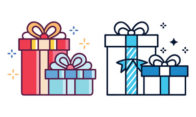Gift Box Icons in Color and Outline, Set of gift box illustrations in colorful and outline styles, featuring bows, ribbons, and sparkles for festive and celebration themes.

