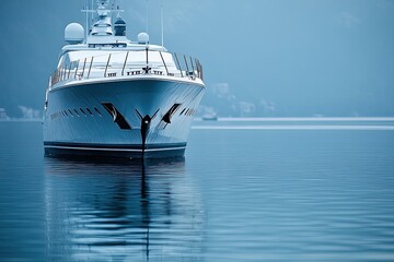 Naklejka premium Luxury yacht anchored in calm waters with misty backdrop.