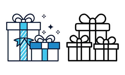 Gift Box Icons: Colorful and Outline Styles, Two gift box designs in colorful and outline styles, ideal for holiday, birthday, and festive celebration themes in creative projects.
