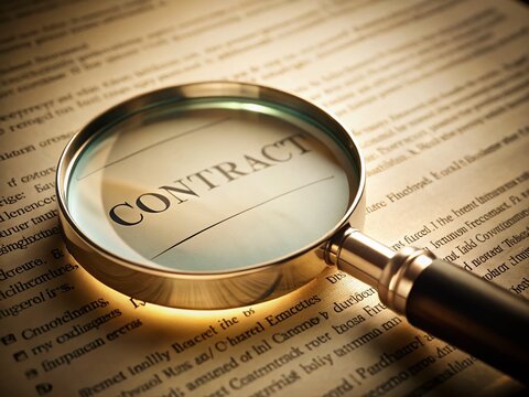 Close-up of Magnifying Glass on Fine Print Contract - Legal Document Detail