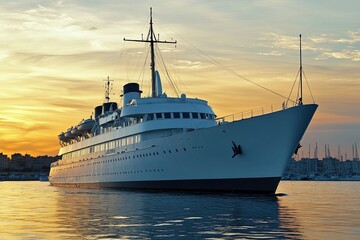 Luxury yacht at sunset on calm waters.