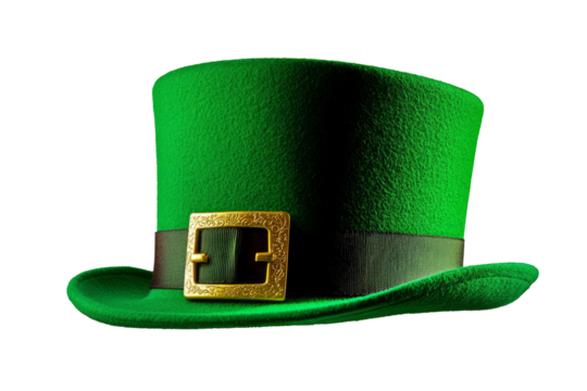 St Patricks day meme and March 17 concept with a green parade hat with a belt and buckle isolated on white background with a clip path cut out