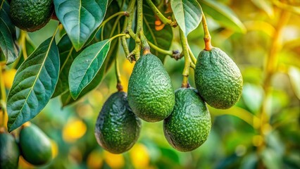 Close-up of Ripe Avocados Growing on Tree with Lush Green Leaves - Tilt-Shift Photography