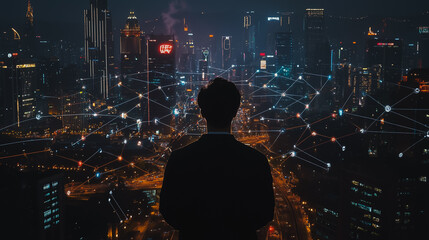 Smart digital city with connection cyber security network reciprocity over the cityscape . future smart wireless digital city and social media networking systems that connects people within the city