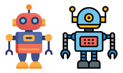 Colorful Robot Character Icons, Two vibrant robot icons with playful designs and mechanical details, perfect for technology, AI, robotics, and futuristic-themed projects.
