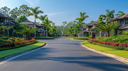 Upscale residential street lined with luxurious homes and lush landscaping.