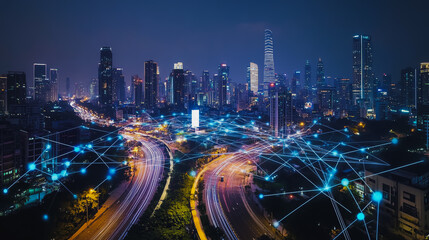 Obraz premium Smart digital city with connection cyber security network reciprocity over the cityscape . future smart wireless digital city and social media networking systems that connects people within the city