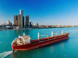 Red cargo ship navigating Detroit River, passing by iconic skyscrapers. Commercial shipping in...