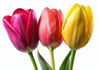 Fototapeta premium Close-up of Vibrant Red, Yellow, and Pink Tulips on White Background