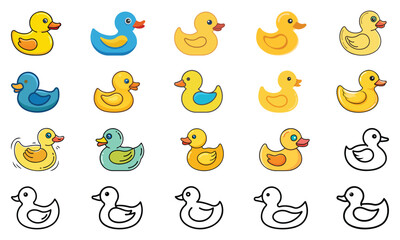 Colorful Rubber Duck Icon Collection, A collection of 18 rubber duck icons in various colors and styles, including outline and vibrant designs, perfect for playful projects.
