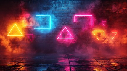 Fototapeta premium Vibrant neon shapes and smoke against a brick wall