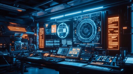 Obraz premium Futuristic control room with monitors displaying data.